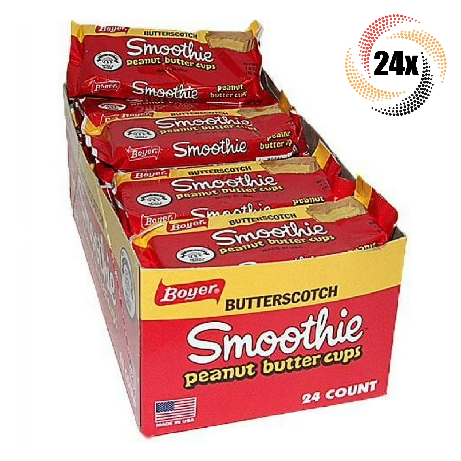 Полная коробка, 24 упаковки, Смузи из ирисок Бойер, конфеты с арахисовым маслом в стаканчиках | 1,6 унции