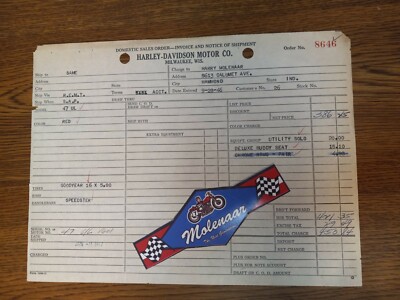 1947 UL  HAMMOND IND. HARLEY DAVIDSON DOMESTIC SALES ORDER, MOLENAAR SALES