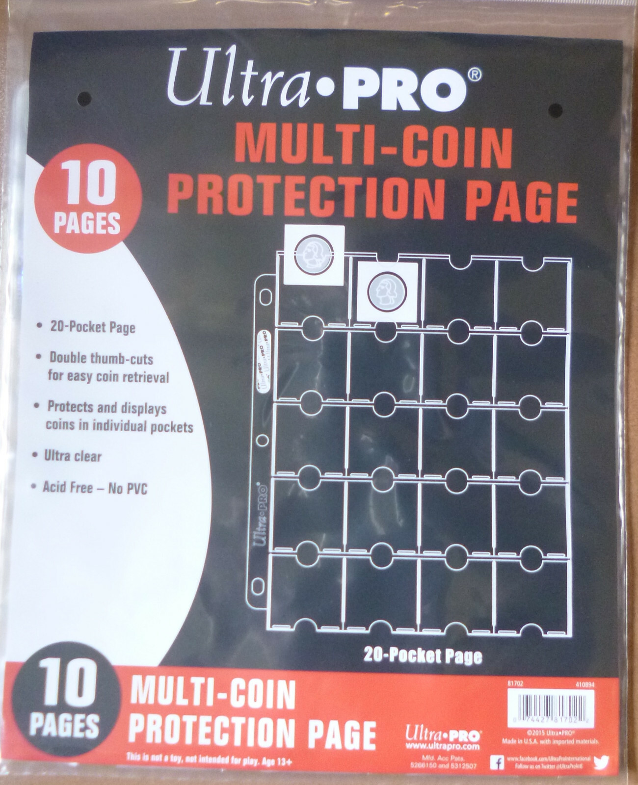 ULTRA PRO 20 Pocket COIN HOLDER PAGES takes 2 x 2 HOLDERS Pack of 10