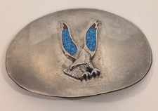 Vintage Southwestern Eagle Belt Buckle Silver Metal with Inlaid Turquoise Enamel