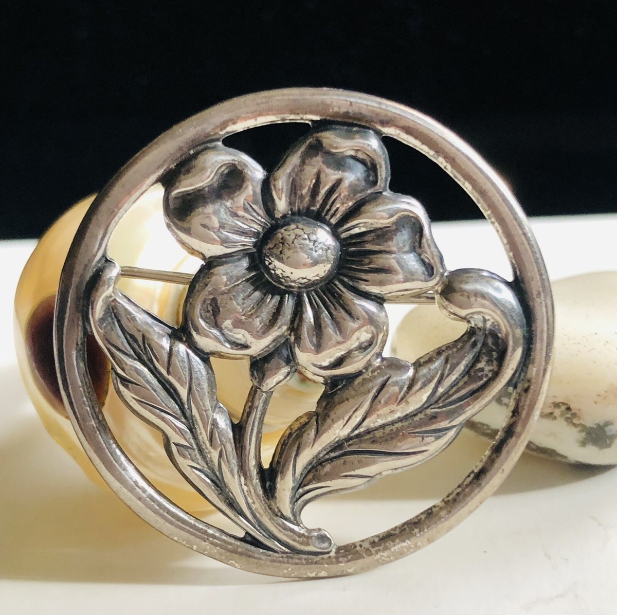 Vtg Art Nouveau Beautiful Flower, Sterling Pin View 6