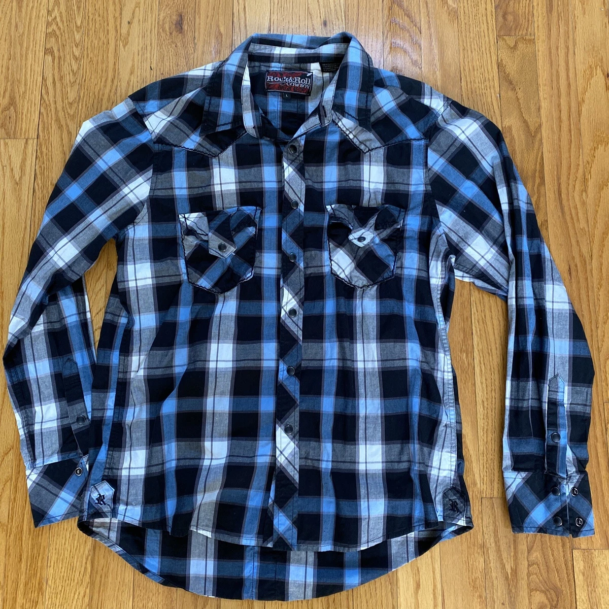 rock roll cowboy Blue Black Plaid Long Sleeve Snap Western Shirt L NWOT