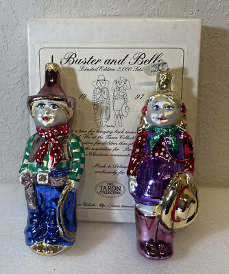 1997 TARON COLLECTION BUSTER and BELLE Cowboy Glass ORNAMENTS LE 0843/3000 RARE!