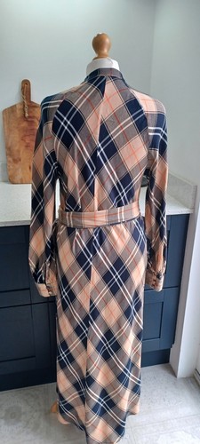 H&M Navy Blue Tan Beige Check Shirt Dress 10 Plaid Midi Belted Spring Tartan - Picture 7 of 10