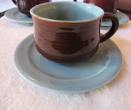 Lot of 3 Sets Red Wing Pottery Village Green  Brown Teal Coffee Cup and Saucer