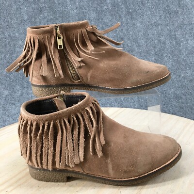 Steve Madden Boots Womens 6.5 M Fringe Ankle Booties Flats Beige Leather Zipper