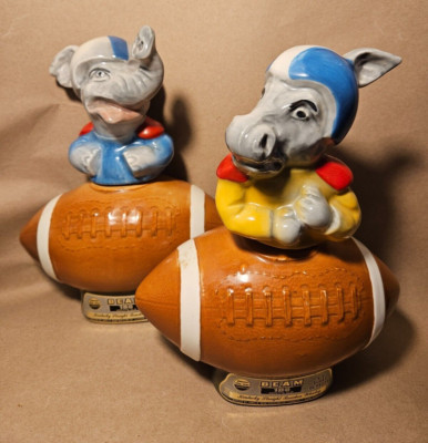VINTAGE EMPTY JIM BEAM DECANTERS 4/5 QT. FOOTBALL DONKEY & ELEPHANT