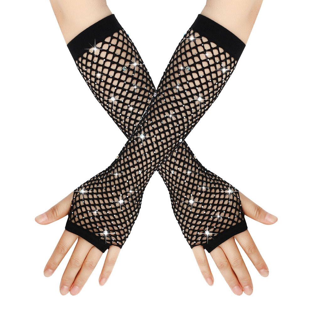Long Gloves Shiny Rhinestone Fingerless Glove Punk Rock Club