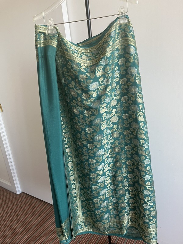 New 100% Silk Crepe Banarasi Style Saree Emerald Turquoise Green w Thread work