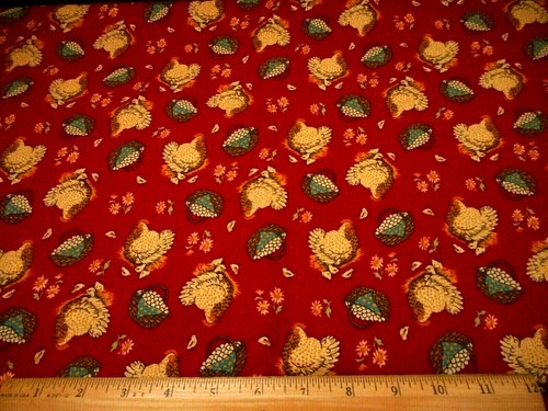 Cotton Fabric By The Yard Tan Gold Chicken Basket of Eggs Chick Floral Dk Red #C
