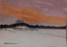 painting original watercolor serene winter landscape sanrise forest snowhandmade