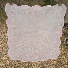 Vintage 60s Sheer Chiffon Handkerchief White Pink Floral Bow Flocked Hanky Scarf