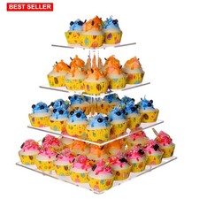 Cupcake Stand, 4 Tier 50 Cupcakes, Square Tiered Tower, Clear Acrylic Holder