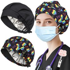 2 Pack Satin Lined Bouffant Scrub Caps Buttons Adjustable Women Men Hats