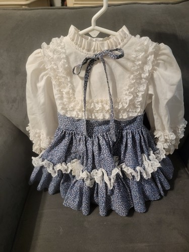 Martha's Miniatures Girls Victorian Blue Floral Lace Long Sleeve Party Dress