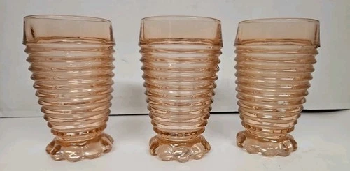 3 Anchor Hocking MANHATTAN PINK Depression GlassFooted Horizontal Ribbed Tumbler