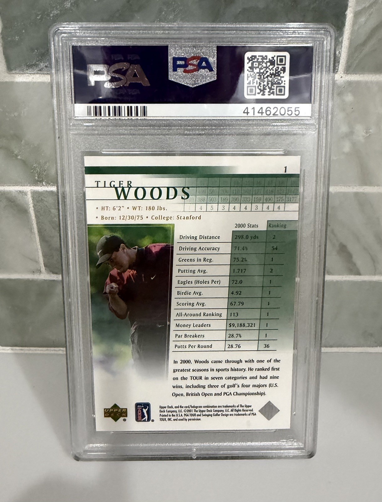 2001 Upper Deck Golf Tiger Woods #1 PSA 8 NM-MT Rookie Era RC Icon GOAT view 2