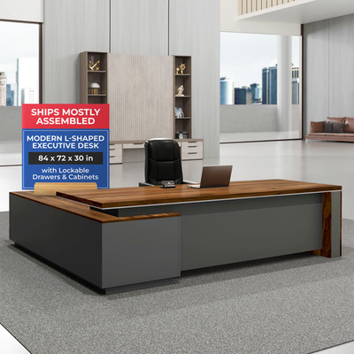 L Shaped Executive Desk, 84x72x30 in - Made in USA   Ships Mostly Assembled