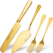 Wedding Cake Knife and Server Set with Forks Engraved Gold Anniversary Kit