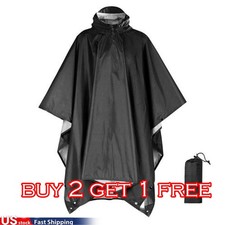 Black Waterproof Hooded Ripstop Rain Poncho Military Camping Hiking Raincoat New