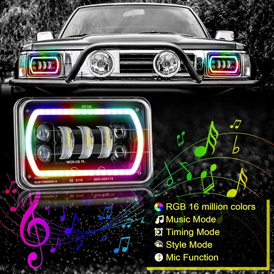 Faros LED de haz alto/bajo con RGB Halo DRL para Lincoln Town Car 1981-1989 4 piezas 4x6" Foto 3 de 4