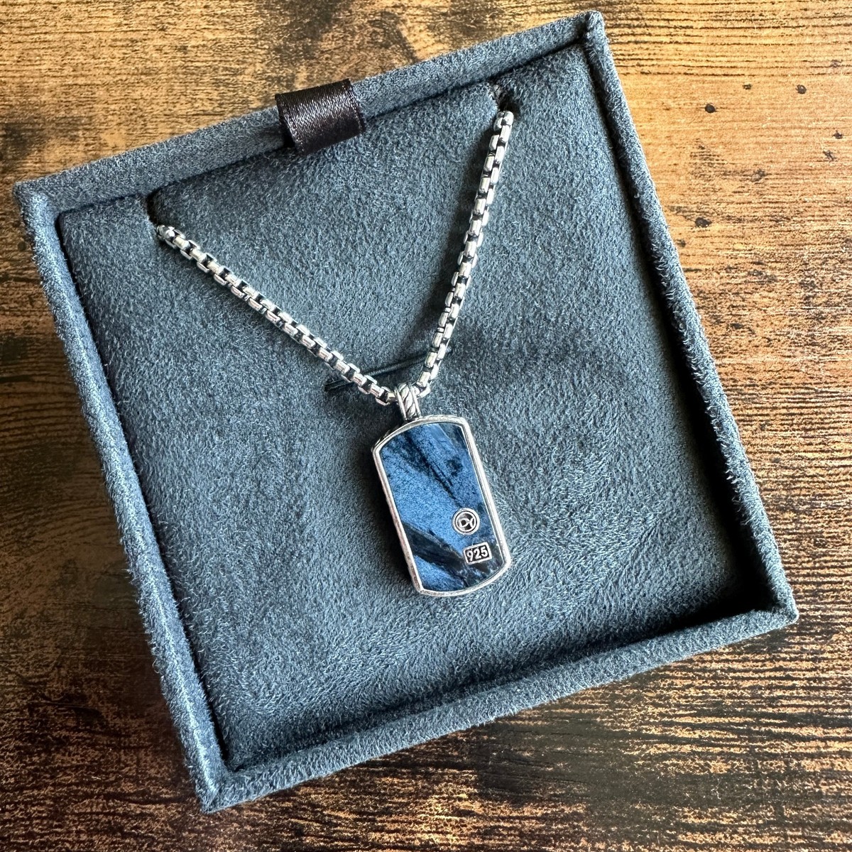 David Yurman Pietersite Dog Tag DY Small Box Chain Necklace 16
