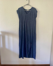 Rae Mode Blue Solid V-Neck Cap Sleeve Midi T-Shirt Dress Side Slit Size S GUC