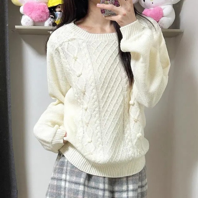 Vintage Ivory Pom-Pom Knit Top with Pearl Details