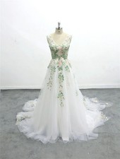 V Neck Floral Leaf Tulle Wedding Dress Sleeveless Low Back A-line Long Train