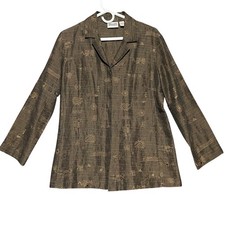 VTG Chicos Design Women's M Brown Tribal Aztec Art Silk Linen Lightweight Jacket