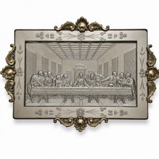 Vintage The Last Supper Metal Bas Relief 3D Plaque Ornate Silver  Etched Glass.