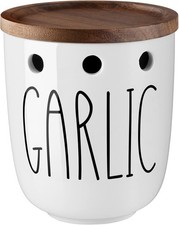 Garlic Keeper for Counter, Ceramic Garlic Keeper with Acacia Wood Lid, Garlic