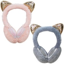 Fluffy Winter Earmuffs for Youth Girl, Cute Ear Muff Large, Pink Grey Cat