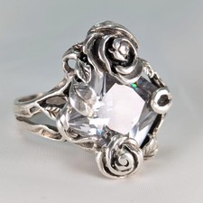 Vintage Sterling Silver 925 Floral Ring With Clear Stone Size 7.5