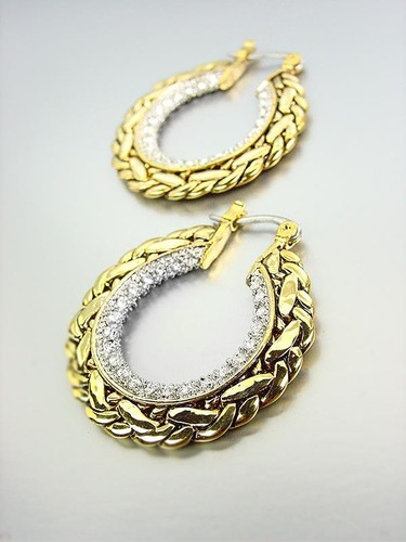 EXQUISITE Designer 18kt Antique Gold Plated Cable Crystals Chunky Hoop Earrings - 第 1/2 張圖片