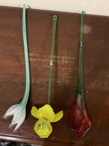Erpet Praha Blown Crystal Glass Flowers Long Stem 18" Lot Of 3 Czech Republic - Picture 10 of 15