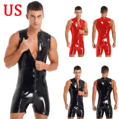 Mens Latex Wetlook OnePiece Bodysuit Catsuit Patent Leather Zipper Jumpsuits