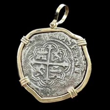 Atocha Jewelry - Large Pieces of 8 Silver Coin with Date Pendant with 14K Gold W