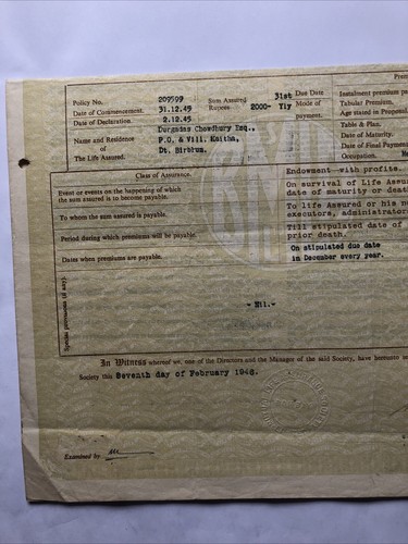 Dokument Versicherungspolice The Bombay Mutual Life aus 1945 - Bild 3 von 6