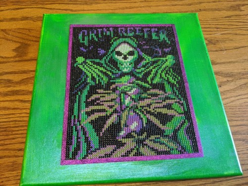 GRIM REAPER FOLK BEAD ART PAINTING CANVAS HALLOWEEN MOTO SKELETON GREEN VTG COOL
