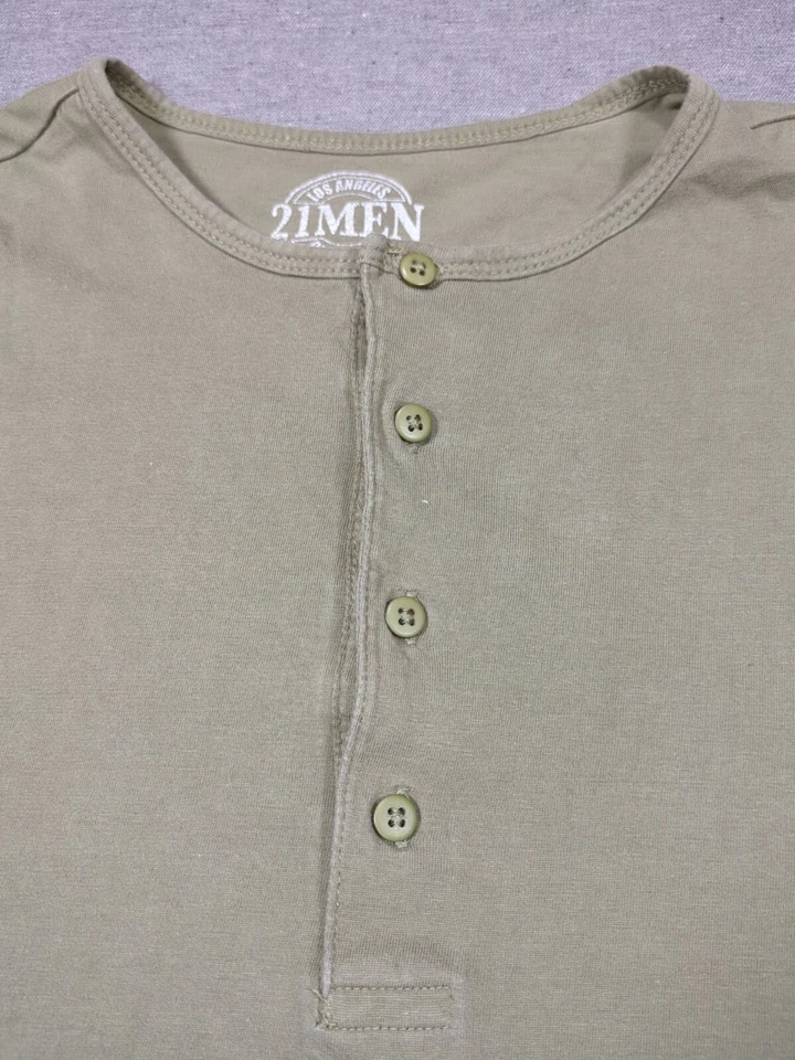 21 Hombres Los Ángeles Verde Oliva Henley Manga Larga Algodón Suave Hombres Talla M Camisa Foto 4 de 4