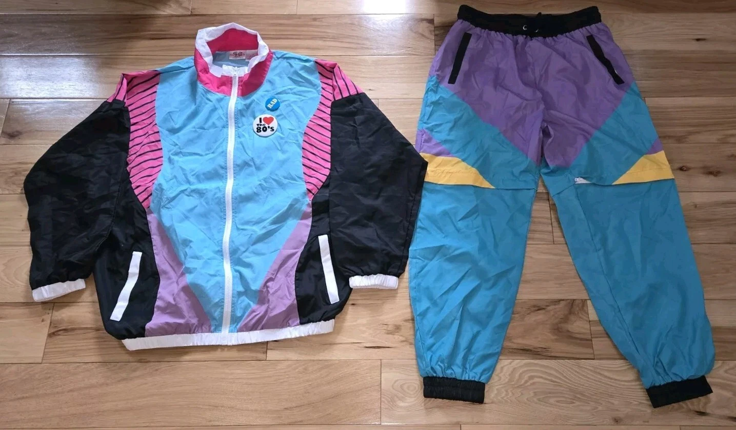 Funny Guy Creation Mens 80's 90's Neon Jogger Pants Zipper Shorts Jacket Medium
