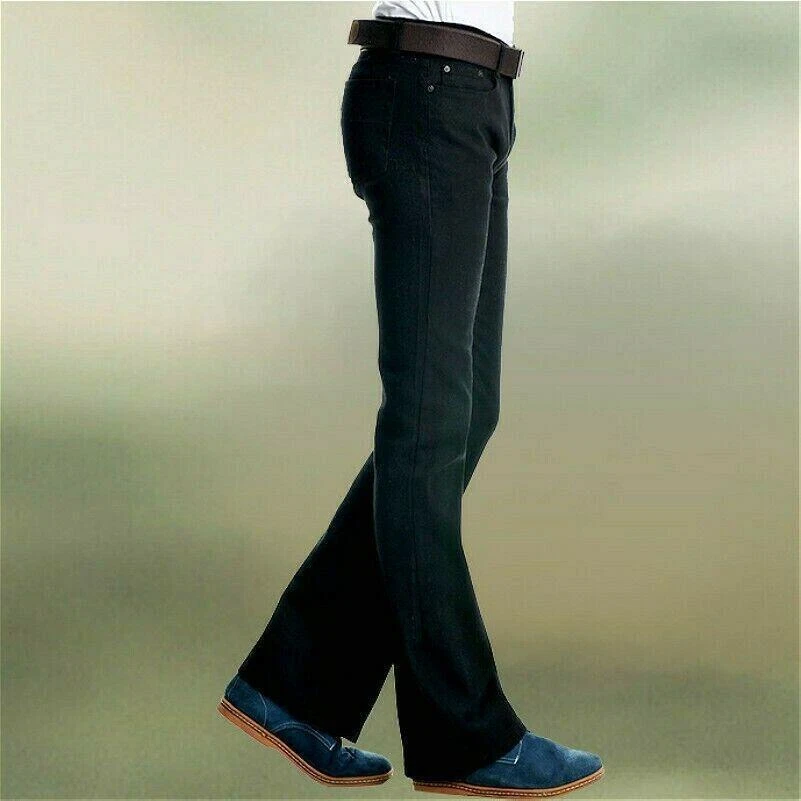 Mens Bell Bottom Jeans Pants 60s 70s Flared Denim Slim Fit Black Trousers