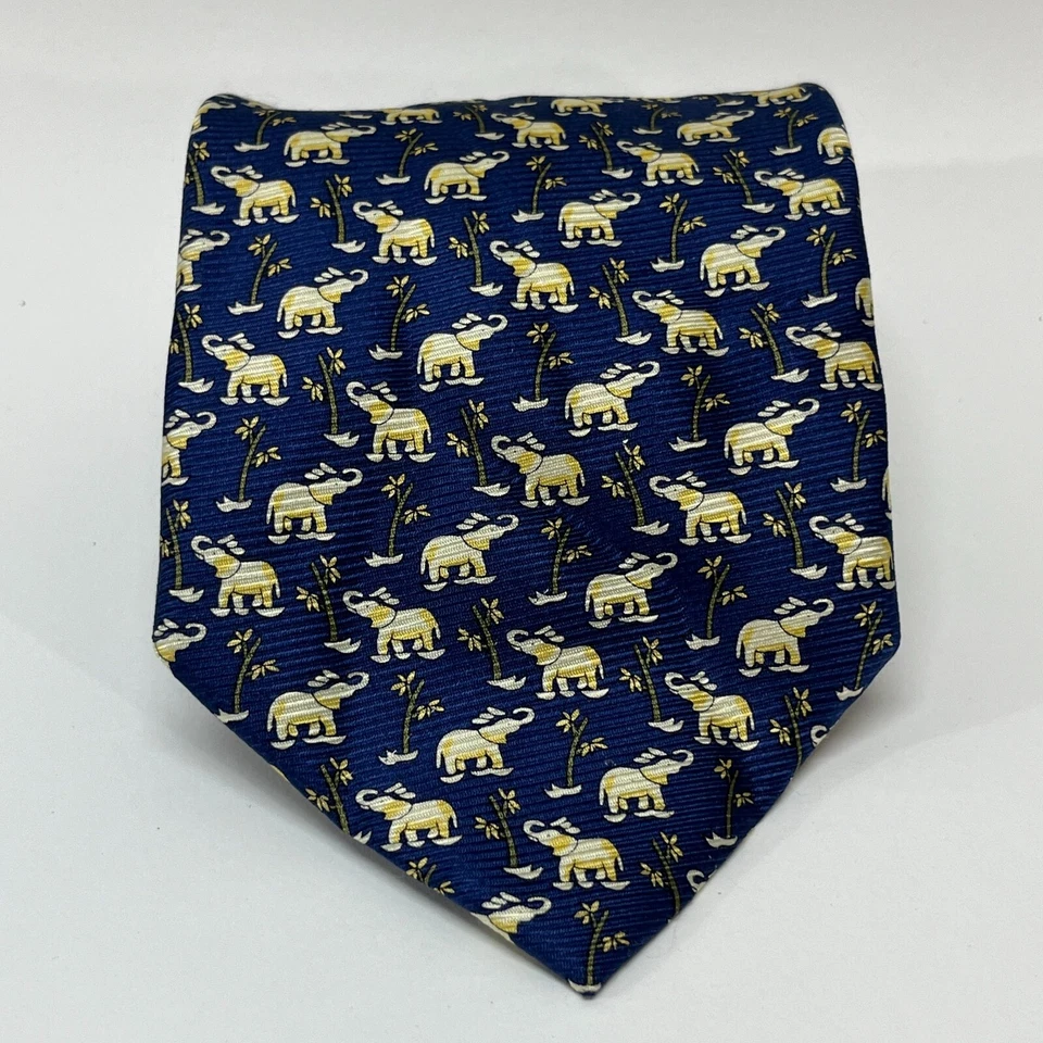 Corbata para el cuello Bijoux Terner para hombre - 100 % seda hecha a mano azul dorado elefantes amarillos Foto 2 de 4