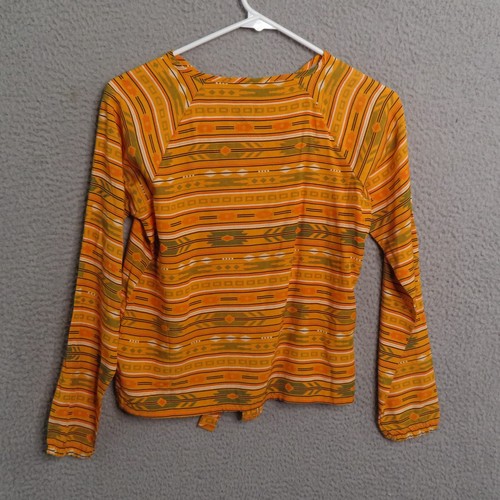 Wrangler Top Girls Large Rayon Orange V Neck Long Sleeve Aztec Tie Front Snap - Picture 2 of 8