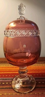 Vintage 11.5  Cranberry Clear  Jar Candy Dish Kings Crown 1950s Jewelry Holder