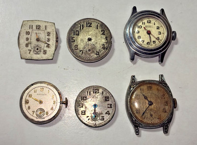Lot of 6 Vintage Watch Movements/Heads for Parts - Roamer, Benrus, Banner, more