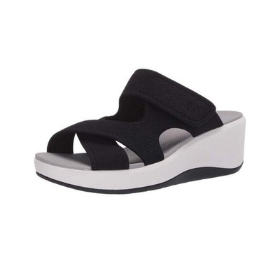Clarks Cloudsteppers Wedge Sandals Size 9 Black White Arla Glade Slide