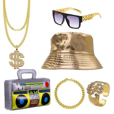 WANLIMA 6 Stück Hip Hop Kostüm Set, 80s 90s Rapper Accessories,Rapper Kette,H...