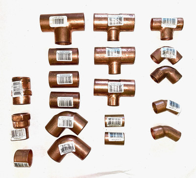 LOT OF 19 Copper Tees, 45° & 90° Elbows, Cap & Adapters Assorted 1/2'' & 3/4''